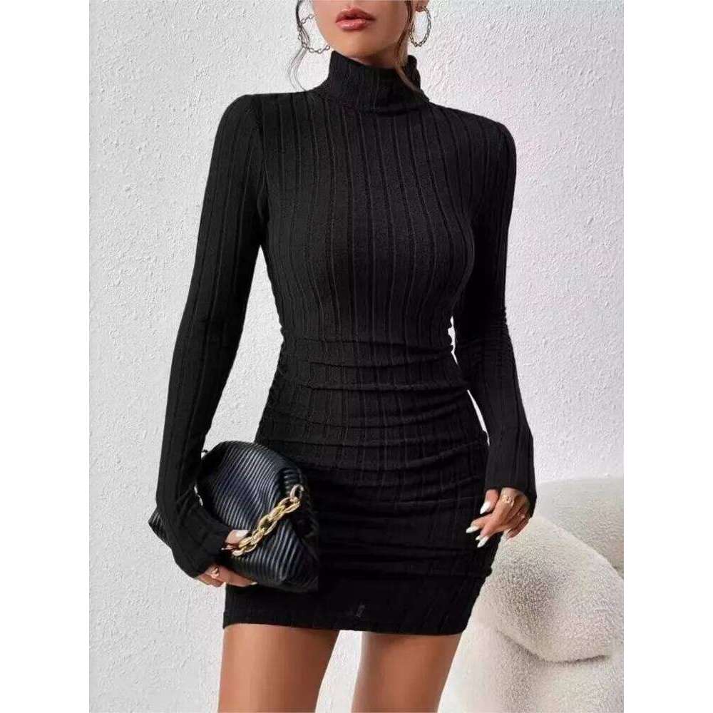 New Solid Autumn Winter Women Long Sleeves Turtleneck Sexy Bodycon Sheath Mini Dress Club Elegant Party Knitted Dresses XJ260131