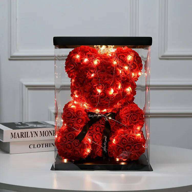 25cm Artificial Teddy Rose Flower Bear with Box Romantic Valentines Day Gift Girlfriend Anniversary Wedding Party Supplies Y260131