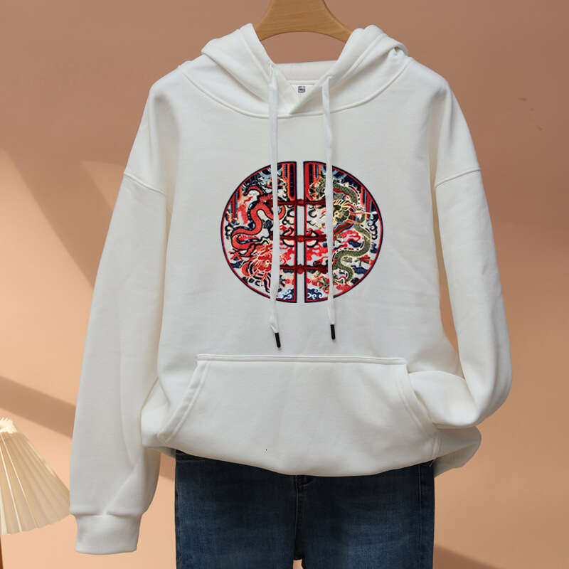 Autumn Winter Warm New Chinese Style Cotton Fleece Hooded Sweatshirt Unisex Imitation Embroidery Heat Transfer National Trend Hoodie Luanyun Luanyun