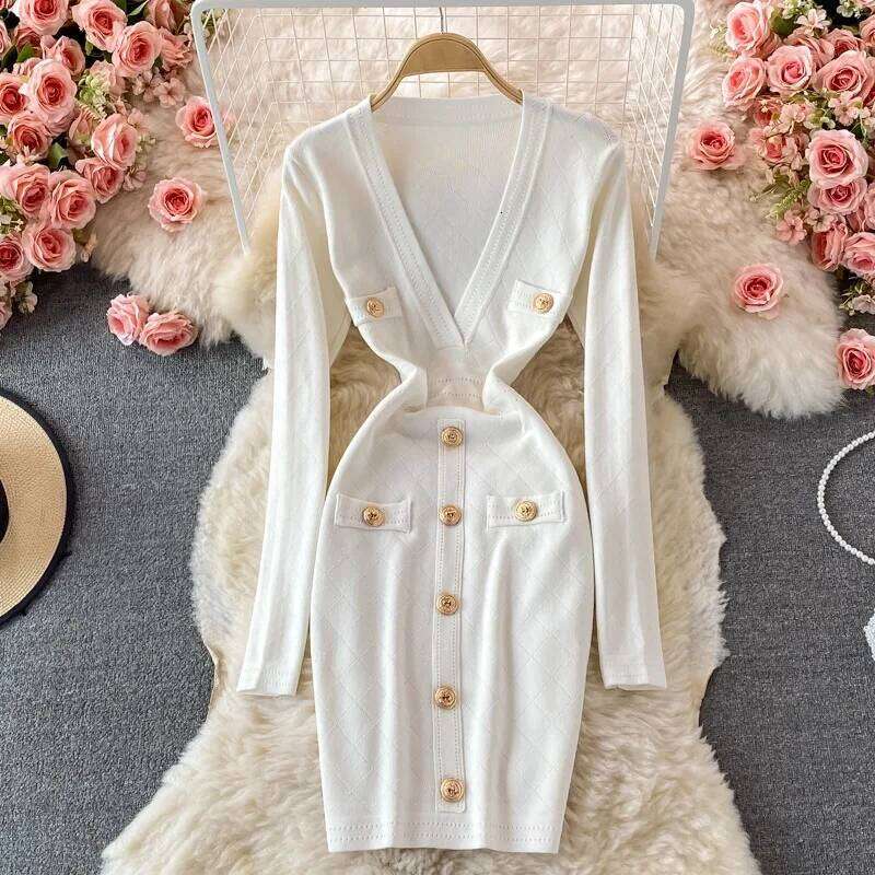 YuooMuoo Women Brand Fashion Autumn V-neck Knitted Bodycon Office Lady Single-breasted Short Sweater Dress Vestidos XJ260131