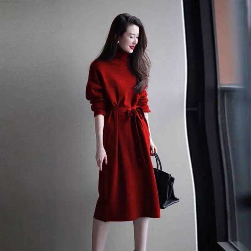 Turtleneck Knit Bottoming Dress Women's Spring And Autumn Coat New Temperament Knee-Length Sweater Long Skirt XJ260131