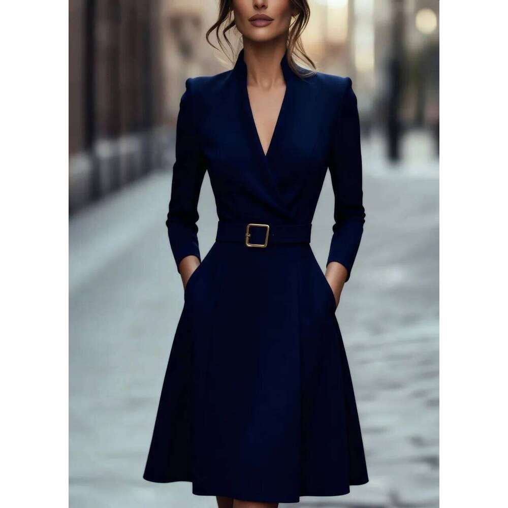 Women's Autumn Winter V-Neck Long Sleeve A-Line Skirt Slimming Waist Belted Medium-Length Commuter Fashion XJ260131