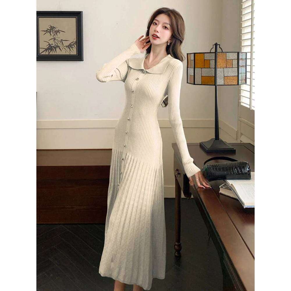 Women Clothes Knitted Lapel Single Breasted Skinny Fishtail Long Dress Sweater Casual Stretchy Robe Mujer Vestidos Autumn Winter XJ260131