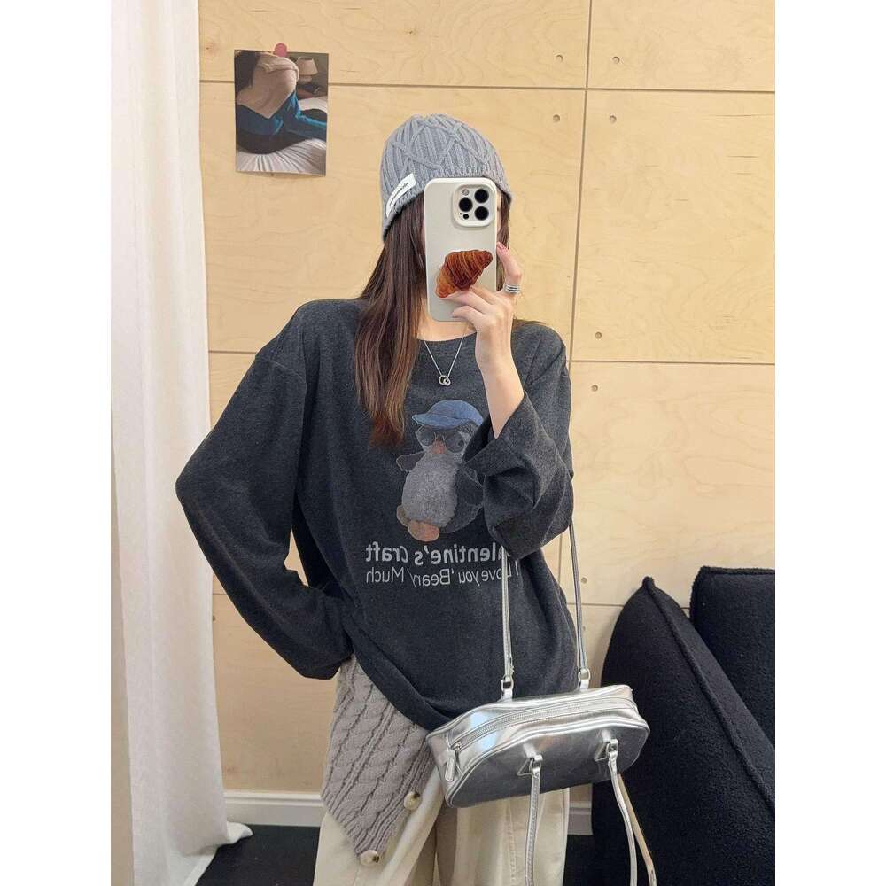 South Korea Dongdaemun Cashmere Texture Blue Hat Penguin Print Lazy Style T-Shirt For Women Autumn Winter New Long Sleeve Top