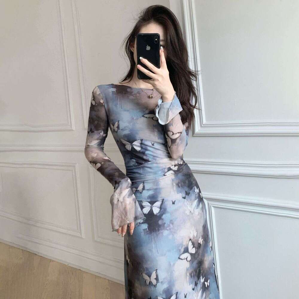 New Cool And Elegant Mesh Long Printed Waist Slim Fit Flared Sleeve Ink Style Dress