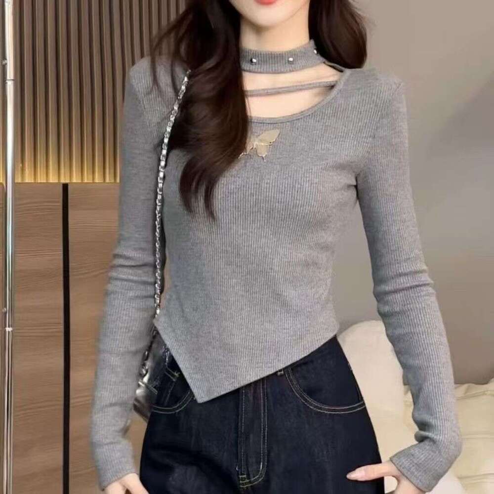 Irregular Bowknot U-Neck Long Sleeve T-Shirt For Women, Spring, Autumn, Winter, High-End, Pure Desire, Slim Fit, Regular Shoulder, Base Shirt, Top