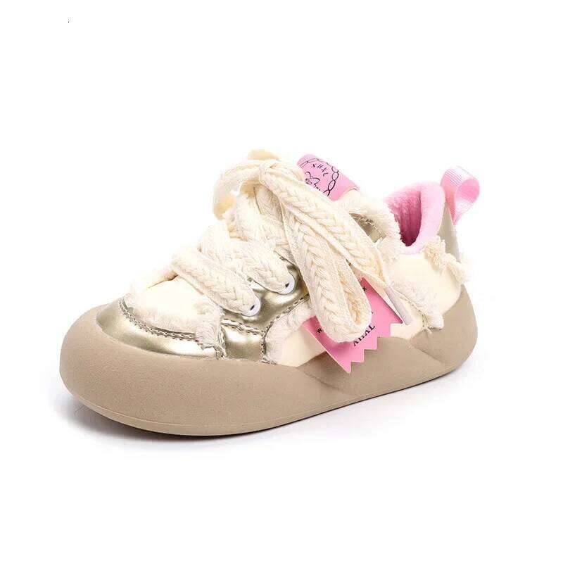 Girls Autumn Winter Fashion PU Leather Warm Cotton Lace Up Soft Sole Kids Sneakers Versatile Non-slip Skate Shoes Y260128