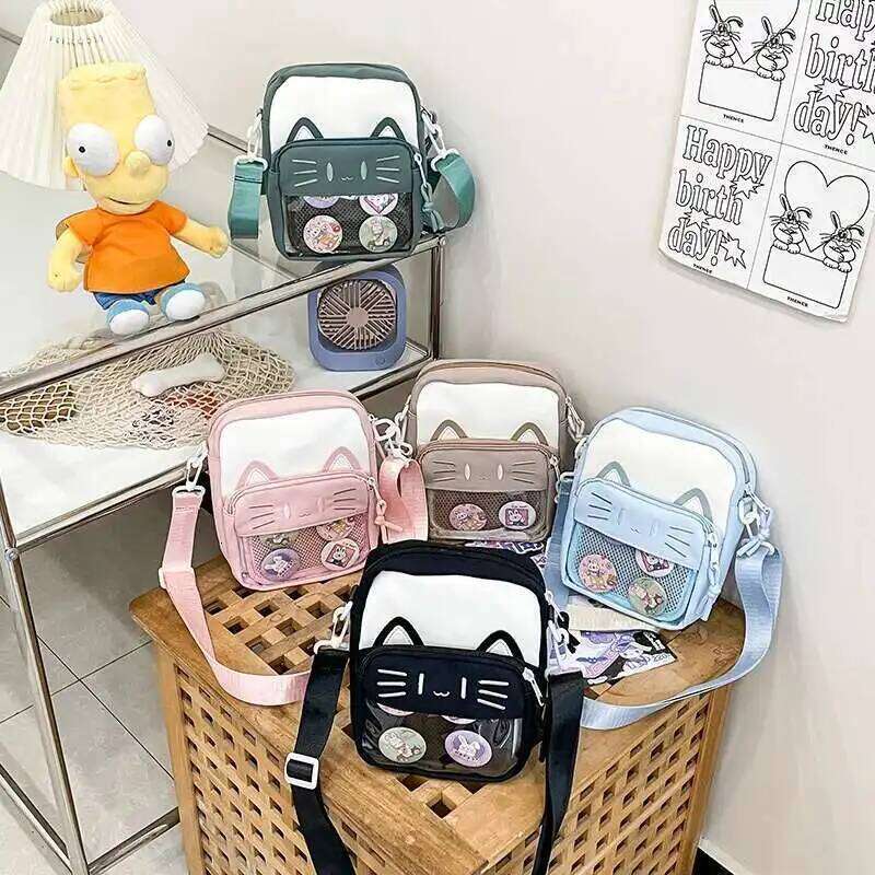 Y2K Cute Cartoon Cat Ita Shoulder Bags Mini Women Casual Crossbody Bag Kawaii Girls Transparent Pocket DIY Display Nylon Handbag XJ260131