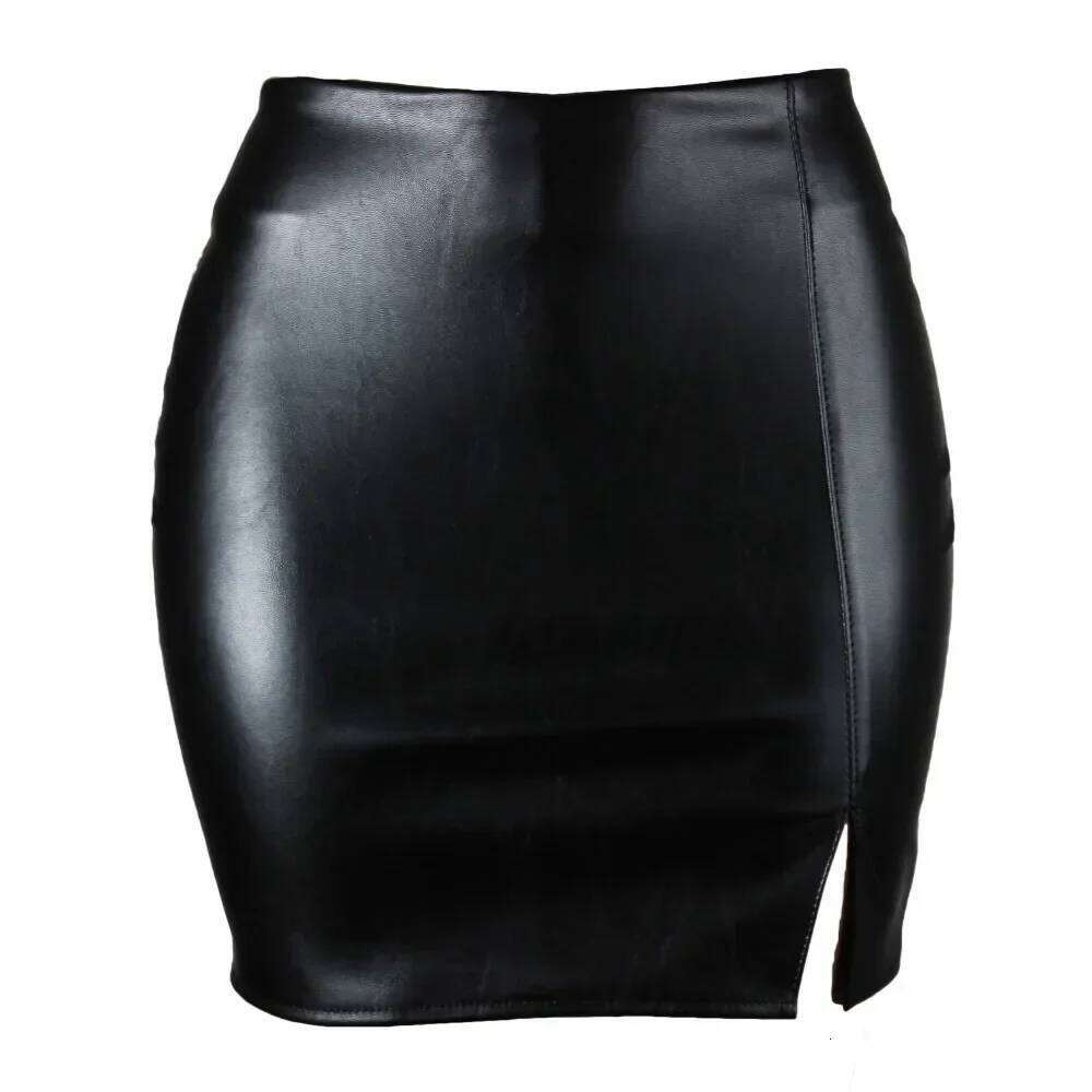 Sexy Women's Faux Leather Short Skirts Ladies High Waist Split Club Party Bodycon Tight Solid Black Skirt Female Clothing XJ260131