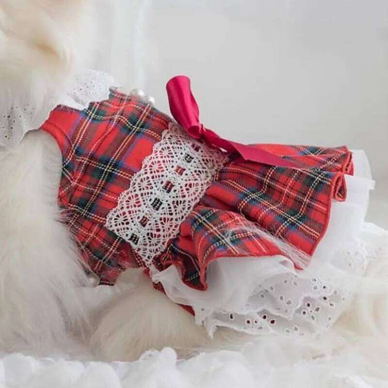 Plaid Fleece Dog Dress & Skirt Set - Winter Christmas Apparel with Adjustable Straps, Warm Lace Trim for Yorkie Chihuahua Puppy H260129