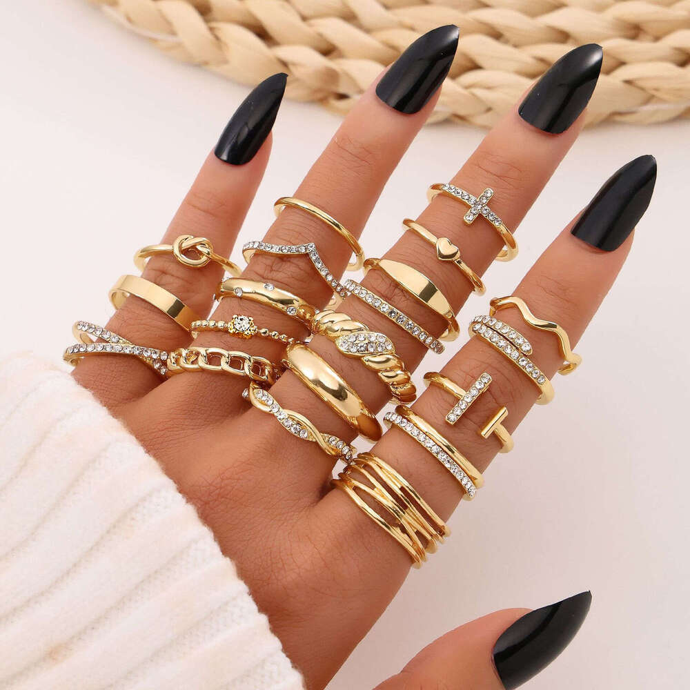 stackable rings and American Cross-Border New Style Diamond Cross Knot Heart Spiral Ring 20-Piece Set Adjustable Open Rings