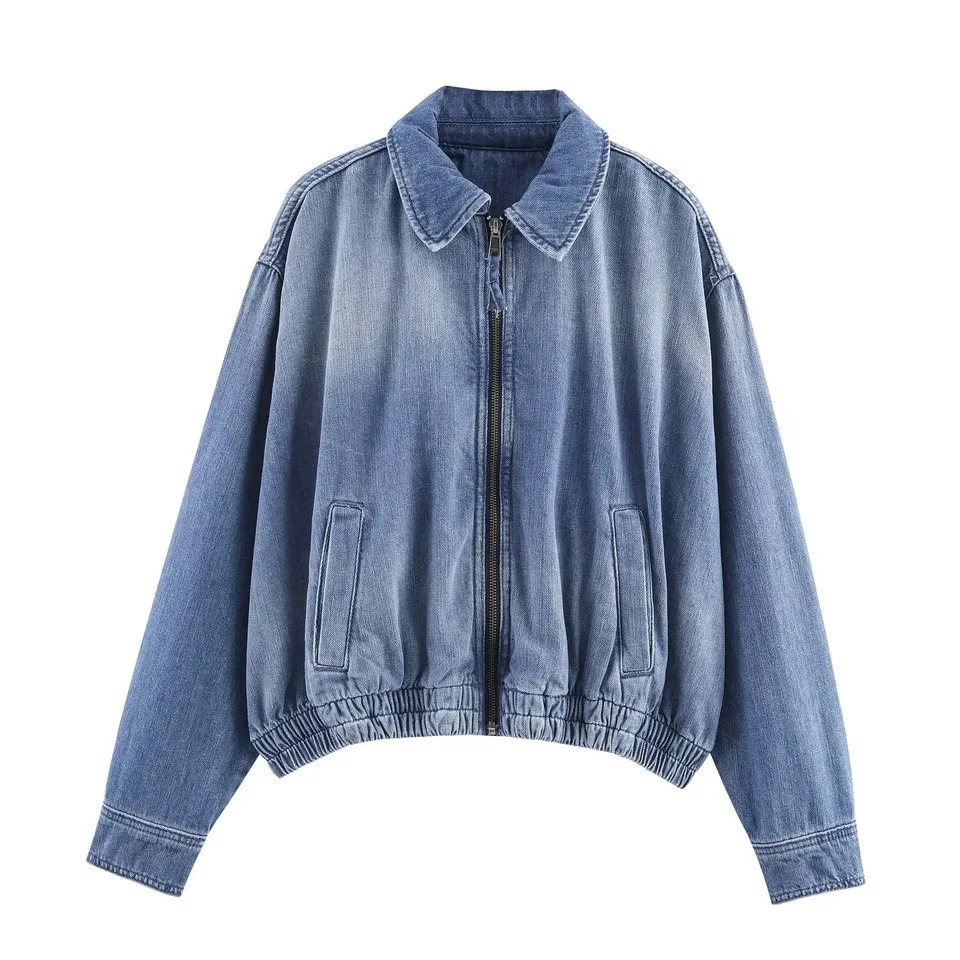 Women Chic Blue Washed Denim Short Jacket Fashion Lapel Zipper Full Sleeve Loose Jackets 2026 Lady Daily High Streert Outwears 260120