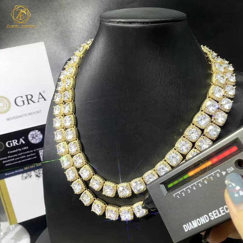 ZUANFO 10mm Iced Out Cuban Link Chain Baguette Cut Moissanite Hip Hop Jewelry Silver Flower Cluster Tennis Necklace