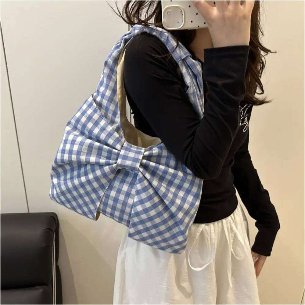 Lightweight Korean Style Bow Shoulder Bowknot Fashion Plaid Tote Portable Cute Canvas Vest Bag Outdoor XJ260130