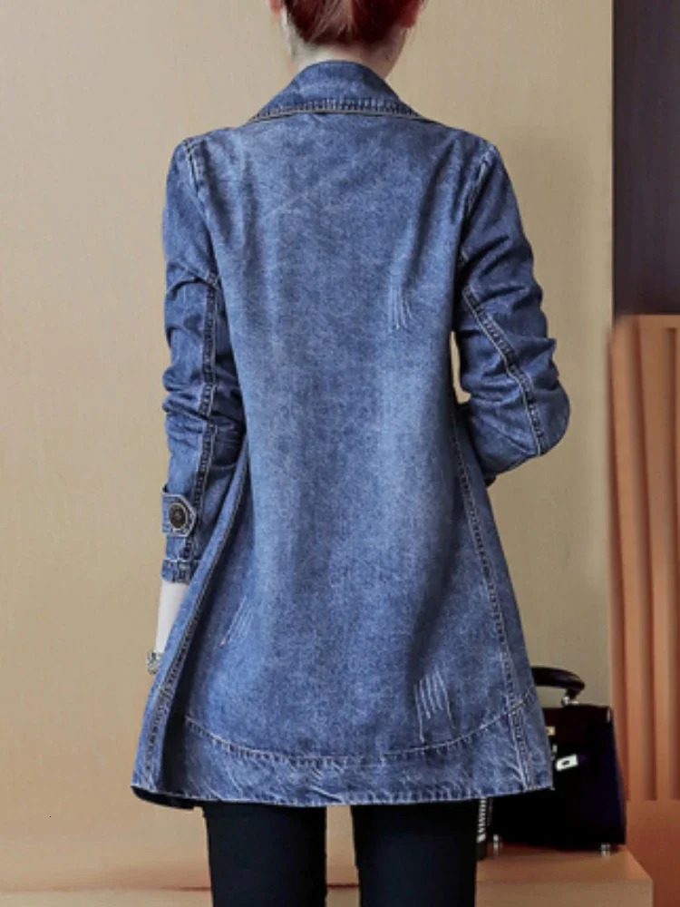 2024 Autumn Style Fashion Womens Denim Jacket MediumLong Suit Collar Lapel DoubleBreasted Solid Color 260120