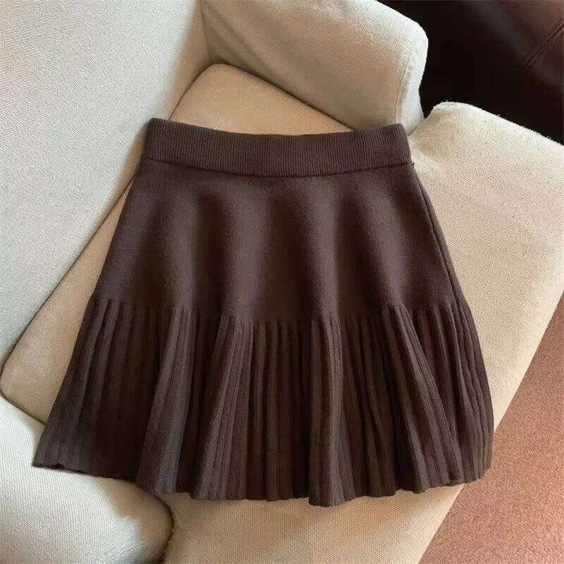 Pleated Mini Korean Knitted Skirts Sweet Elastic Waist Ladies Casual Youthful For Women's Clothes Solid Fashion New XJ260131