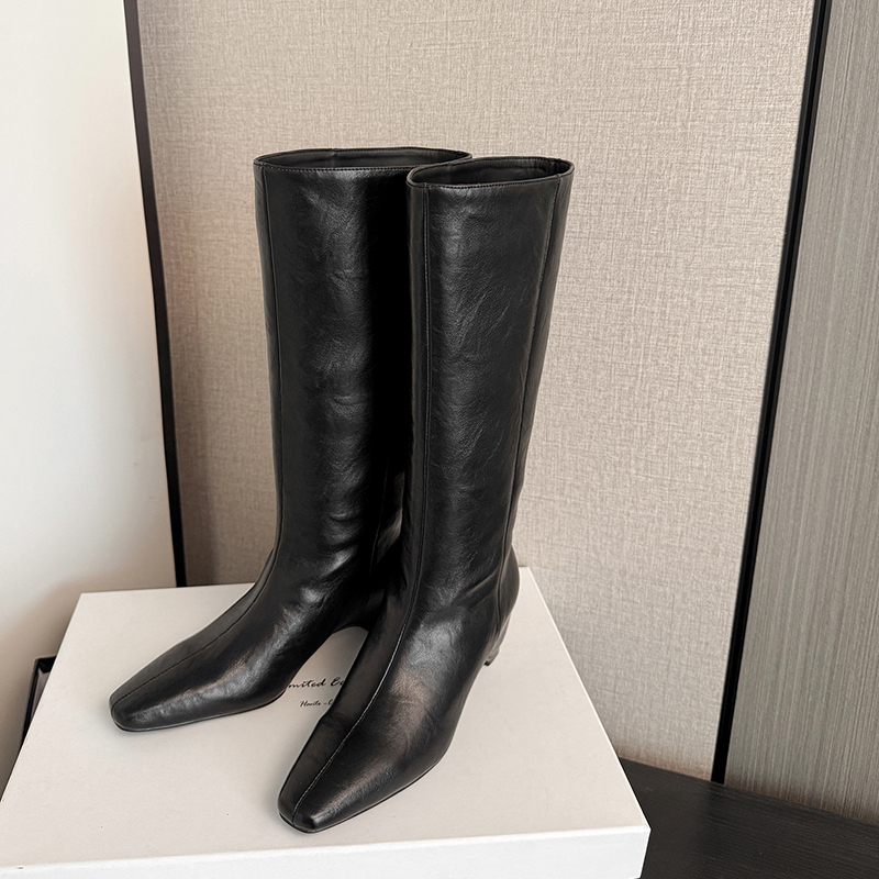 Pointed square-toe knee boots with wrapped heels, Straight-leg wide-calf women's riding boots, minimalist, fashion luxury, high-quality genuine l