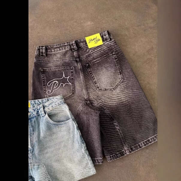 European and Cross-Border Retro Casual American Street Style Embroidered Trendy Loose Harajuku Washed Denim Five-Point Shorts Summer