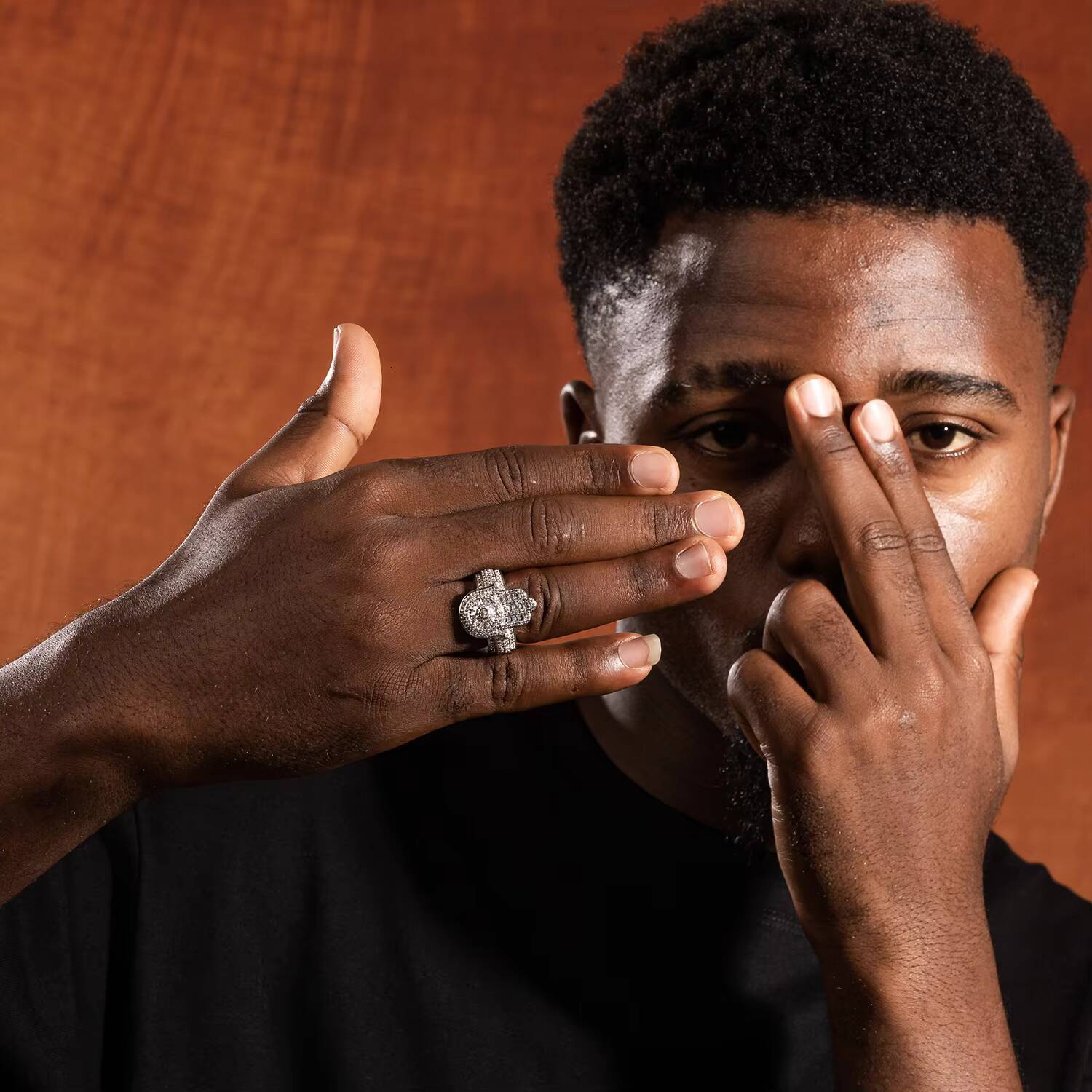 Rhodium Plated Hand Shape silver vvs moissanite Ring Iced Out Baguette vvs moissanite Hand of Fatima Ring for Mens Vintage Hip Hop Jewelry