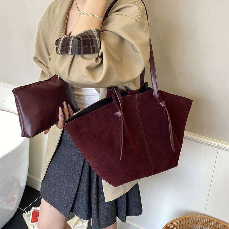 2025 Autumn New Branded Big Tote Bag Set For Women PU Suede Pure Color 2-IN-1 Large Capacity Shoulder Shoppers Designer Handbags XJ260130