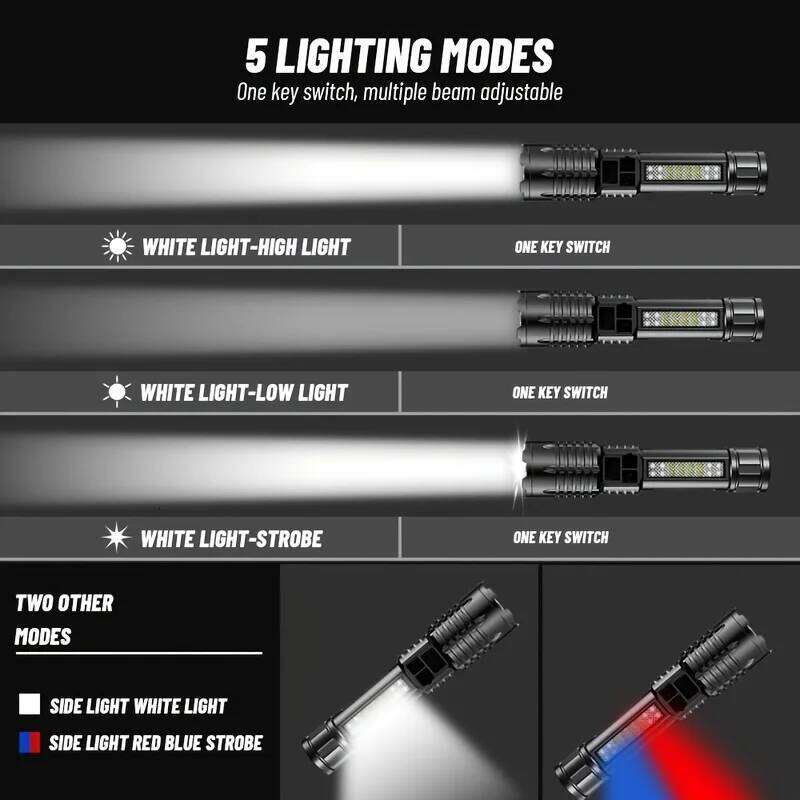 Super Bright COB LED Flashlight USB Rechargeable Zoomable With Side Light Waterproof Torch Camping Hiking Emergency Outdoor H260131