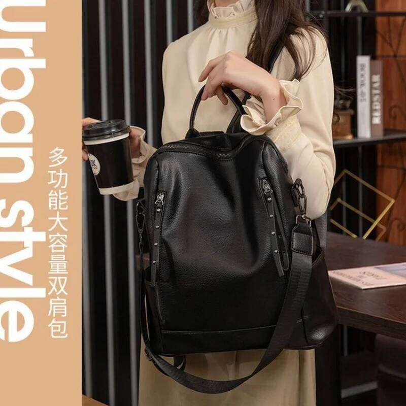 Simple Fashion Backpack Ladies Temperament Hundred Shoulder Soft Leather Solid Color Travel Computer Bag Rivet Decoration