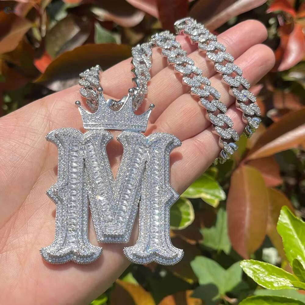 Personalized Letter With Crown Pendant Baguette Cut VVS Moissanite Iced Custom Hip Hop Pendant