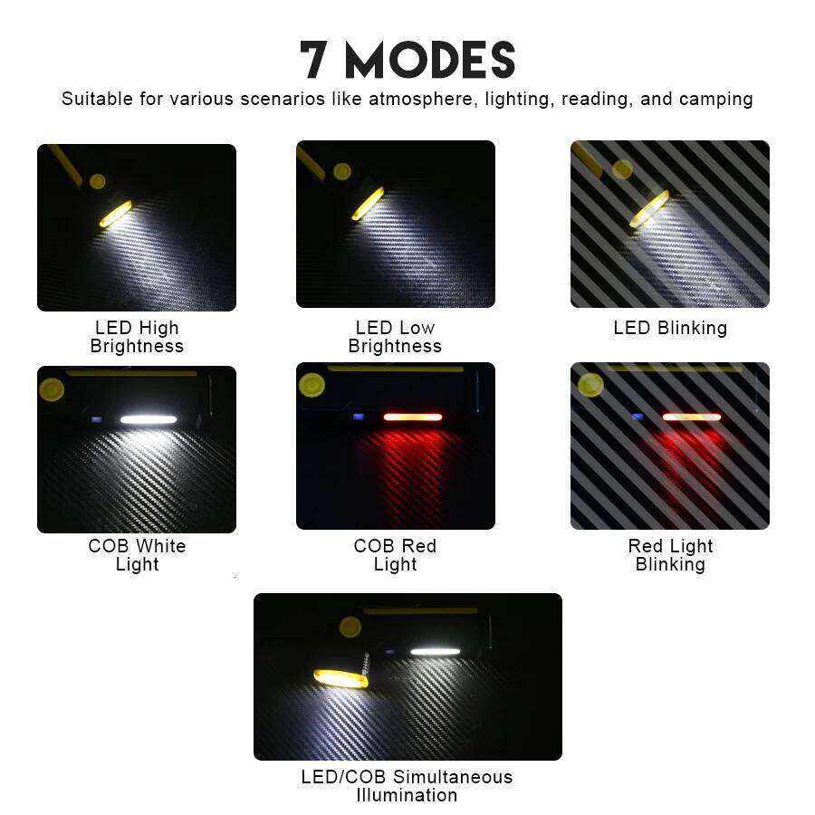 Multifunction LED Work Magnet,Clip,Hook Type C Rechargeable Flashlight with COB Side Light,90 Adjustable Head Light H260131