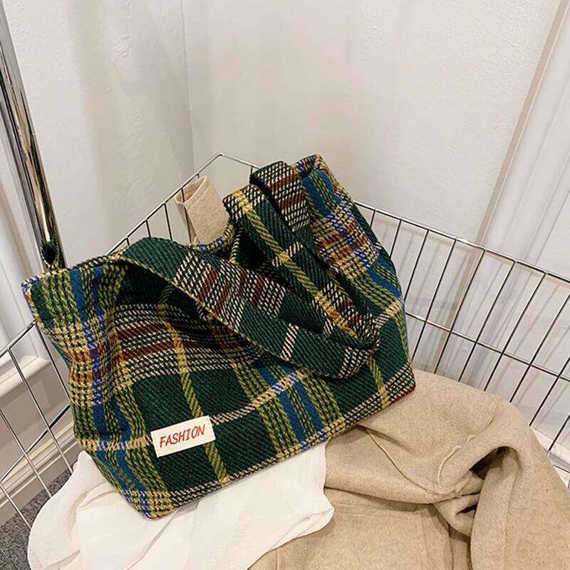 Tote Women's Bag Shoulder Wool Shopper Bags For Women Large Capacity Autumn Winter New Soft Plaid Ladies Travel Designer Handbag