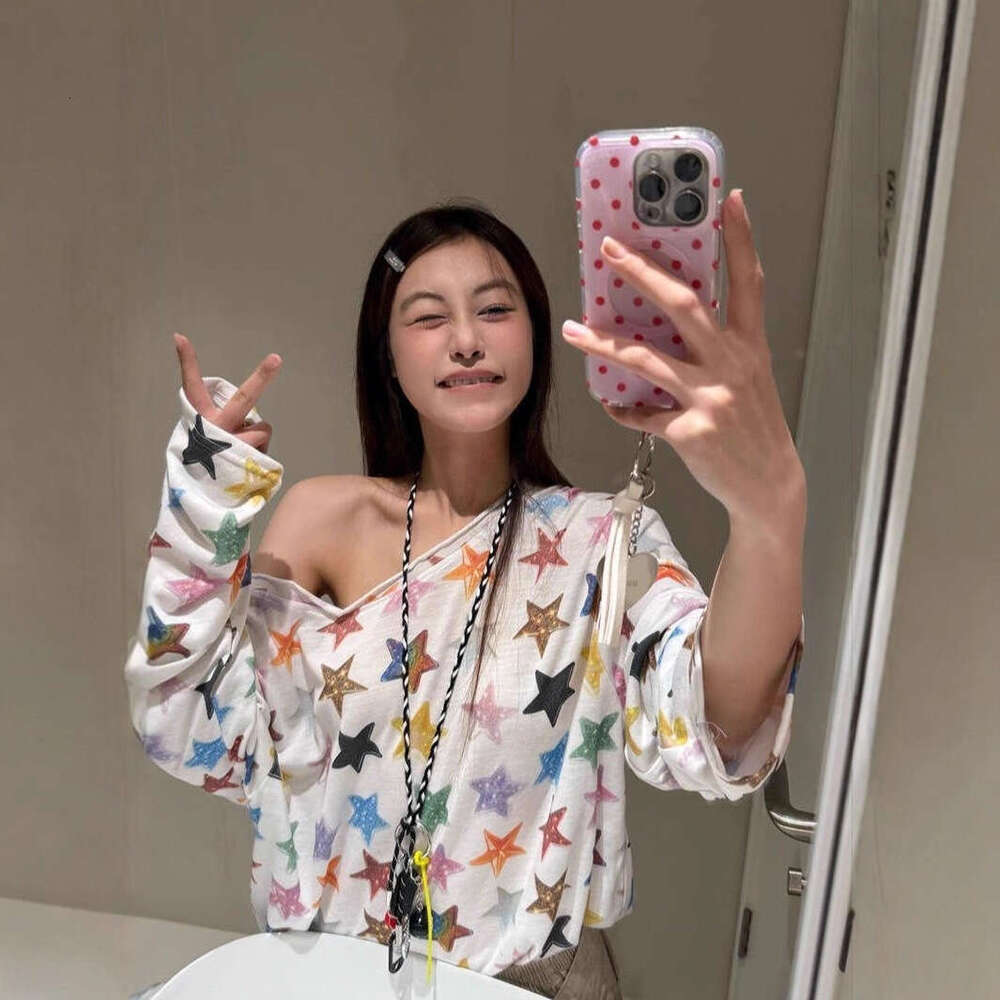 American Style Full Colorful Star Print Asymmetrical Long Sleeve T-Shirt Women's Summer Lightweight Off-Shoulder Sun Protection Cover-Up