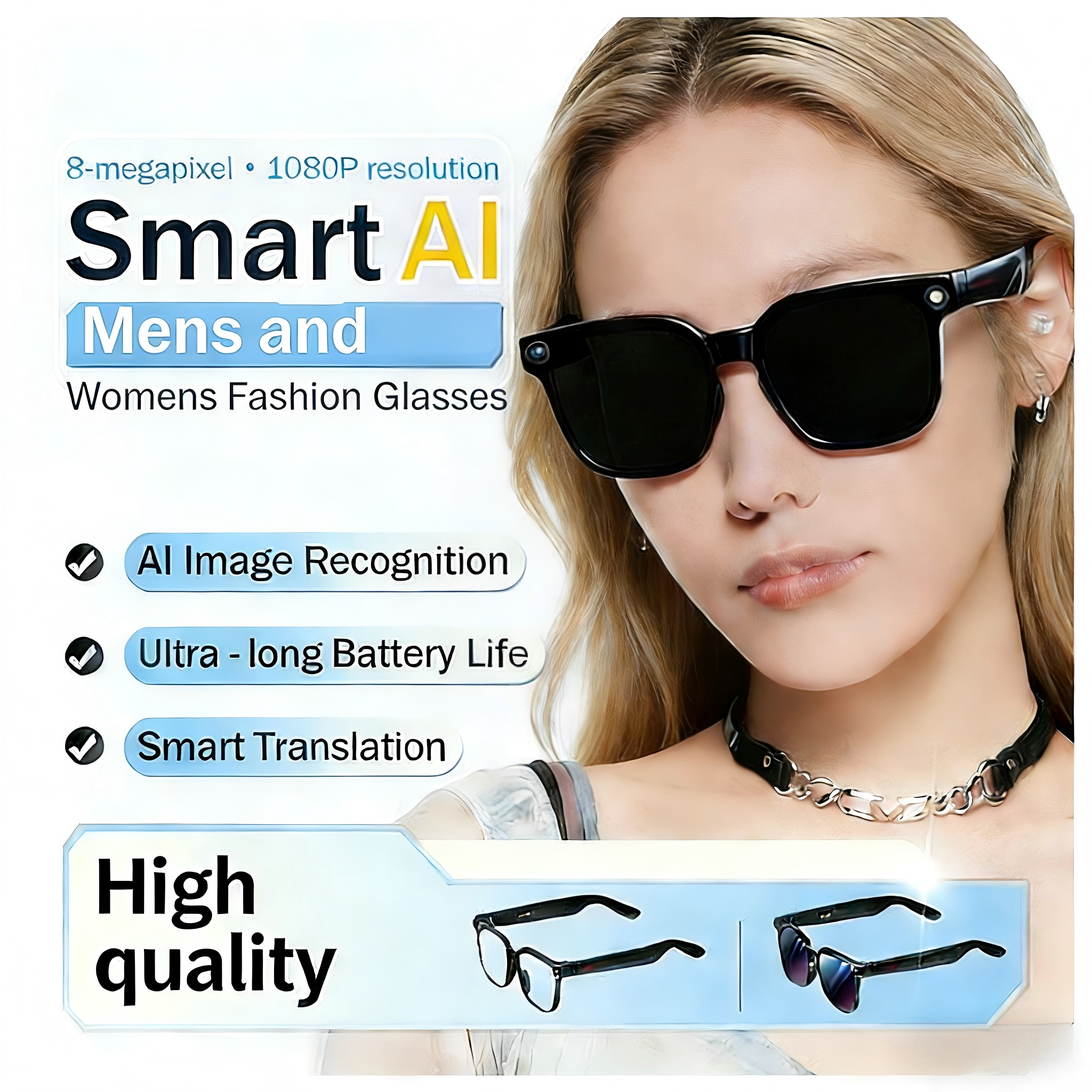 Smart glasses that can record videos:4K high definition 8-megapixel photo capture,Men women Designer sunglasses