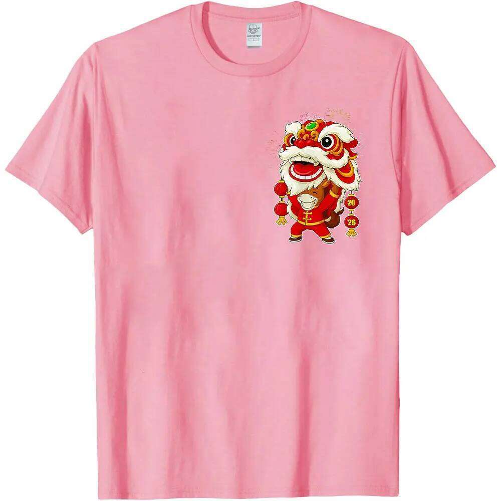 of The Lion Dance Chinese Lunar New Year 2026 T-Shirt Pocket Pattern Horse Men Clothes Cotton Tops C260131