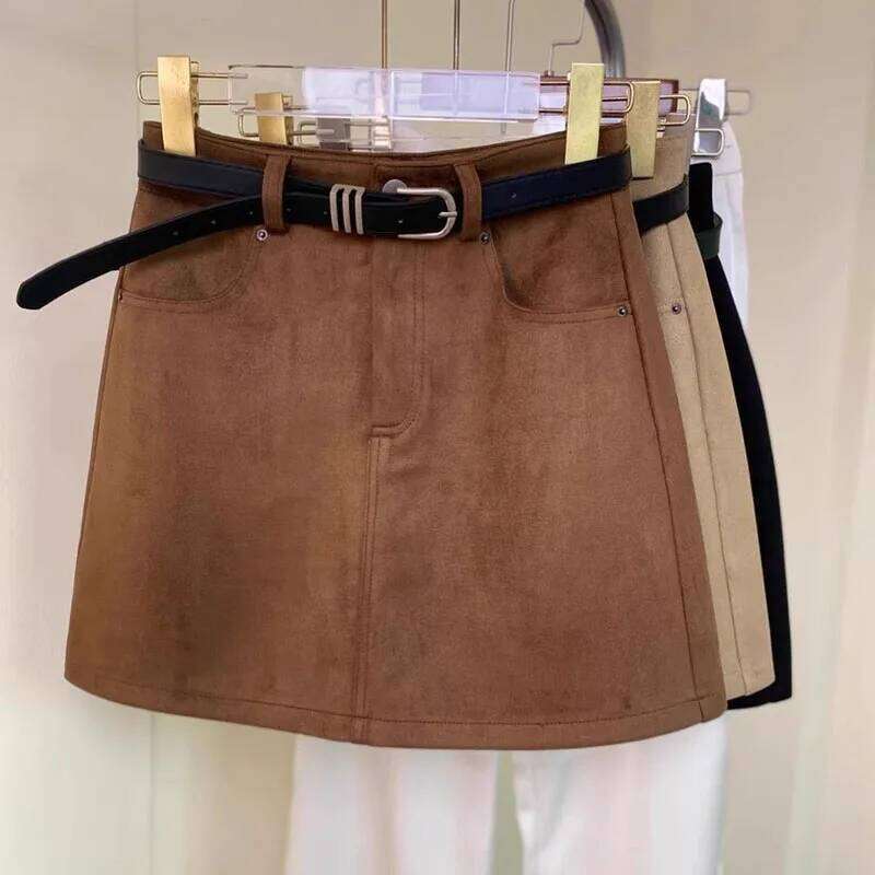 2025 New Fashion Suede Mini Women Vintage All-Match Streetwear Brown Short Skirt Autumn Winter High Waist A-Line Skirts XJ260131
