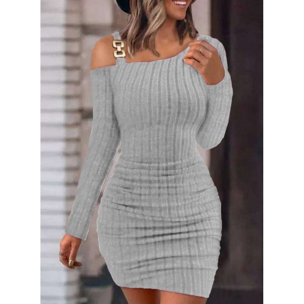 Sexy Chain Off Shoulder Mini Dress Autumn Fashion Bodycon Long Sleeve Dresses For Women Winter Skinny Knitted Vestidaos XJ260131