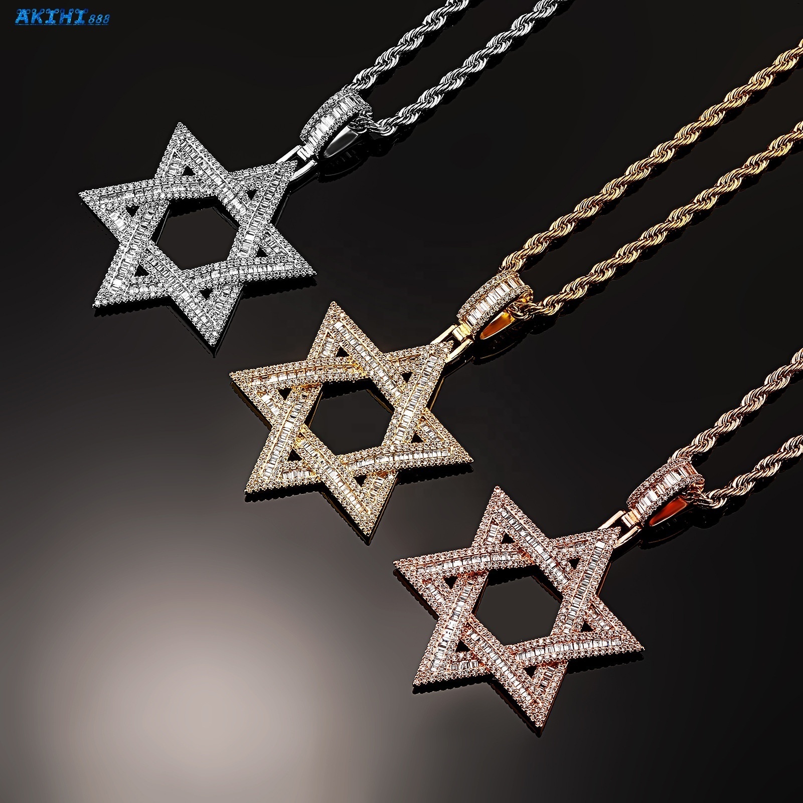 2026Luxury Exquisite Inlaid Baguette MoissaniteVVS Star of David Pendant Necklaces Jewelry Fashion Men Women Trend Rock Party Gifts Jewels