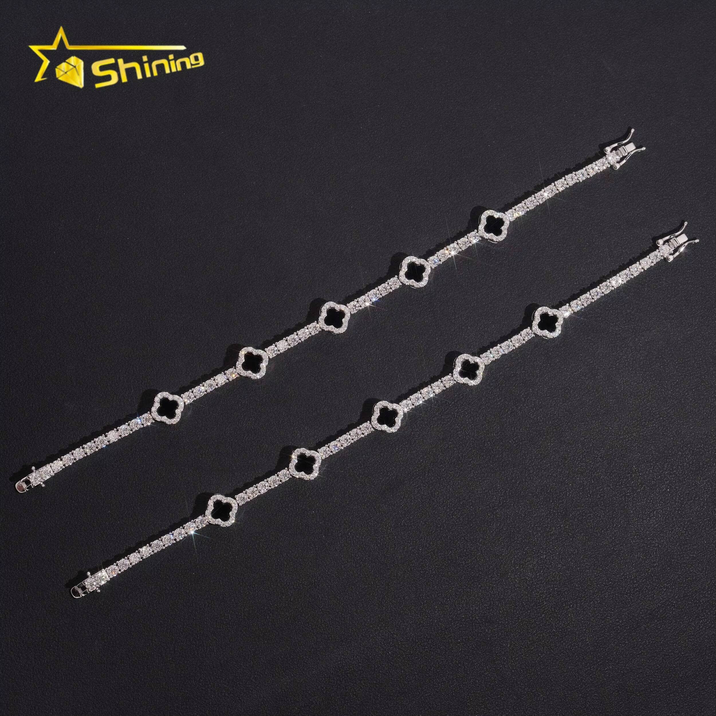 USA Warehouse RTS GRA Certificate 925 Solid Silver Hip Hop Jewelry Iced Out VVS Moissanite Diamond 3mm Clover Tennis Bracelet