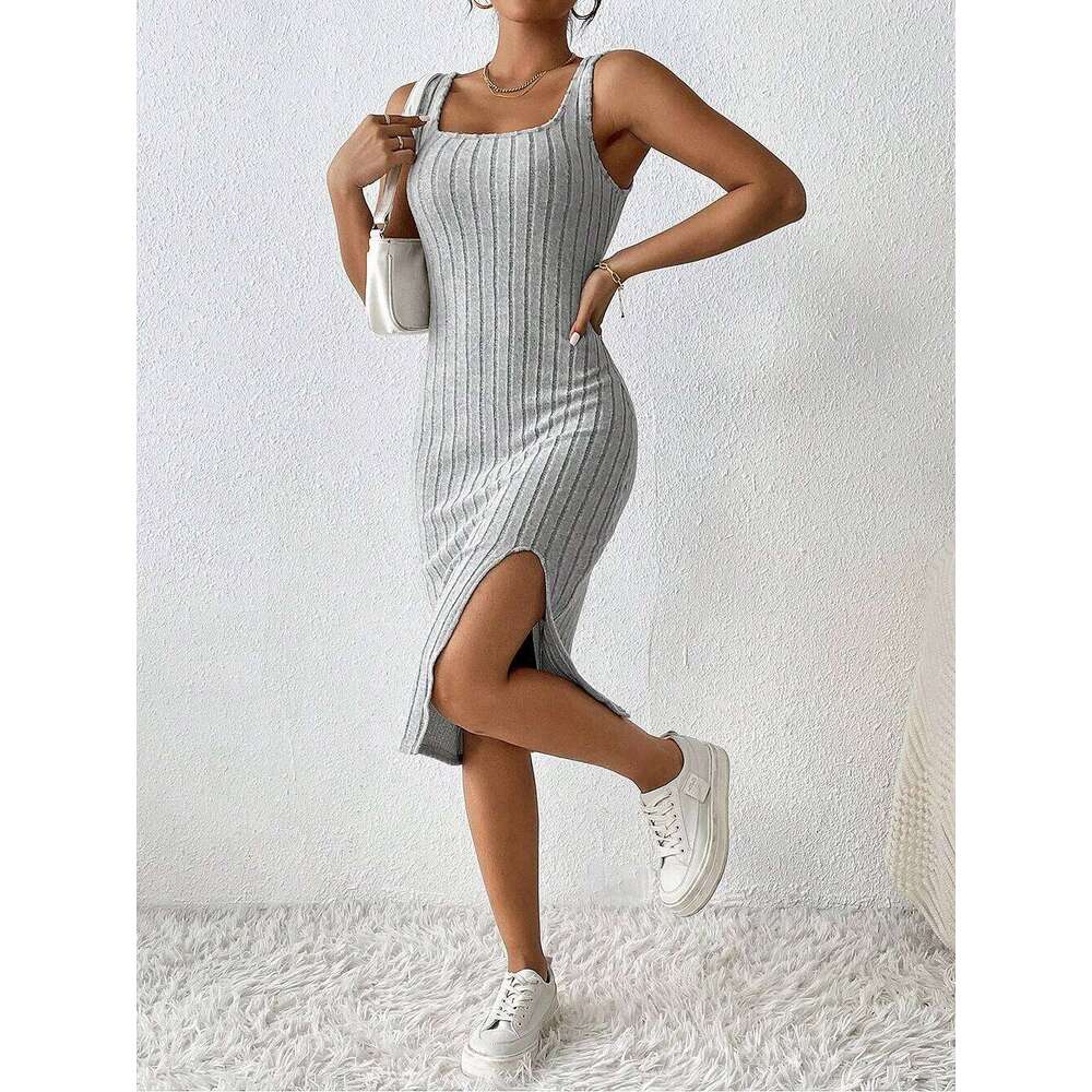Women Summer Style Knitted Suspender Lady Sleeveless Square Collar Side Slit Skirt Dress Vestidos XJ260131