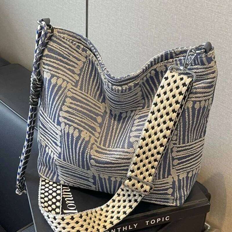 1pcs Korean Style Large Canvas Crossbody Women, Wide Strap Spacious Tote, Chic Autumn Winter Shoulder Bag XJ260131