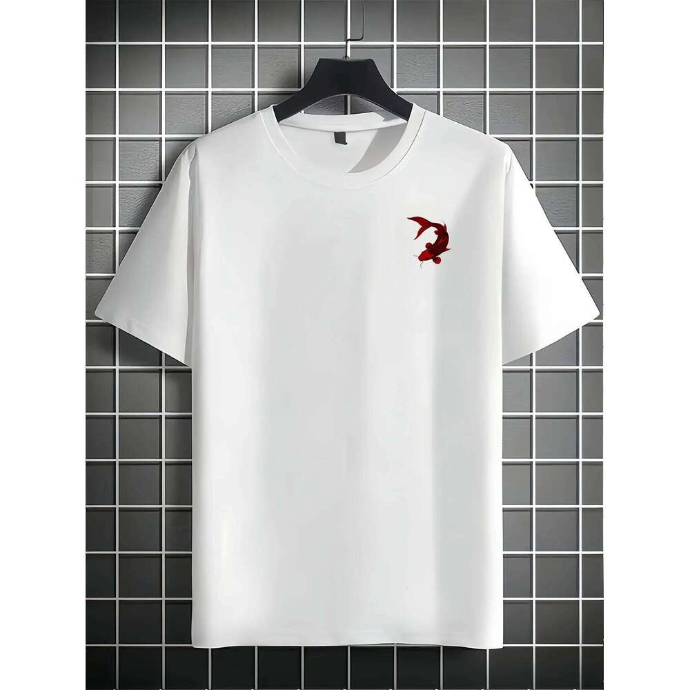 Japanese-style Koi Fish Men's T-shirt with Traditional Cherry Blossom and Sun Print Casual Oriental Style Summer Top C260131