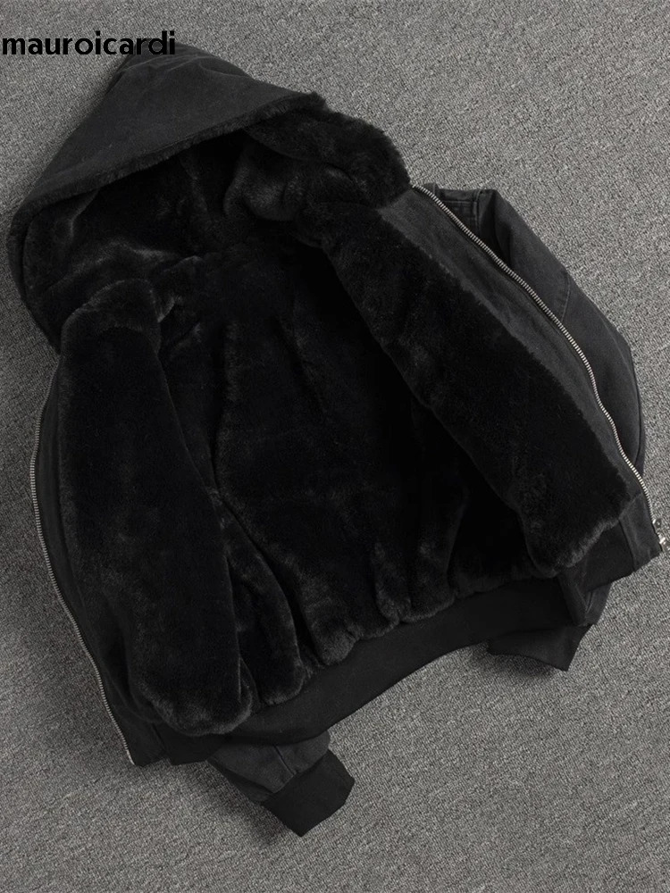 Mauroicardi Autumn Winter Short Thickened Warm Oversized Canvas Washed Padded Jacket with Faux Fur Inside Loose Casual Hoodie 260122