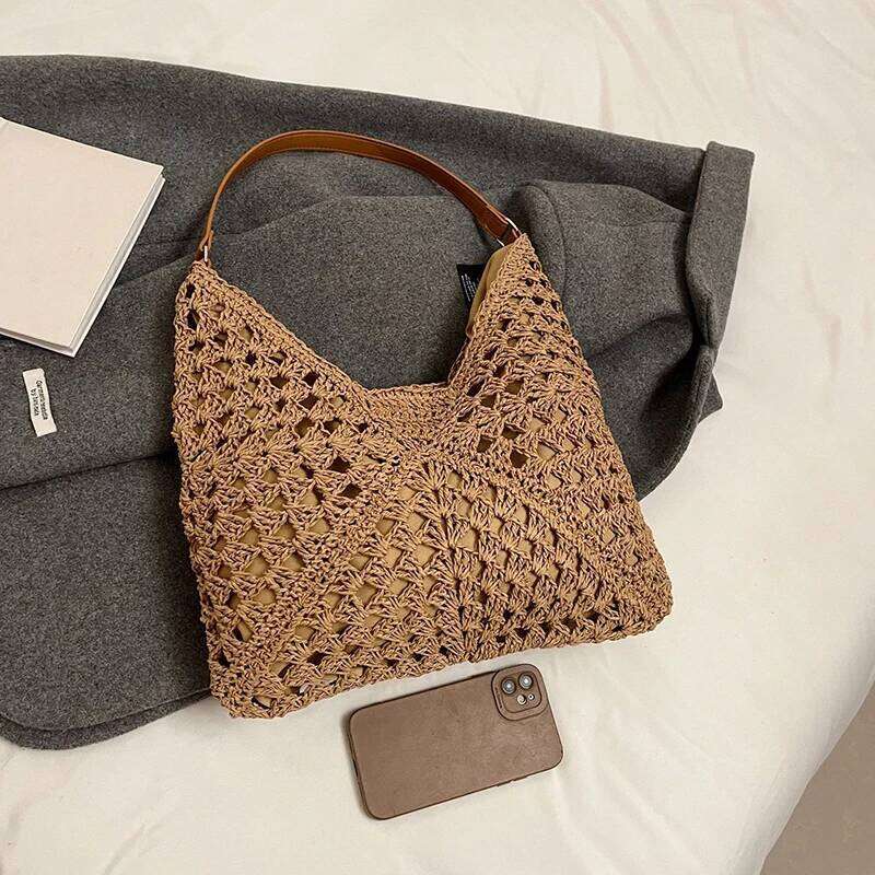 Summer Straw Knitting Hollow Out Tote Solid Beach Bag Holiday Travel Handbag Boho Shoulder Purse for Women XJ260130
