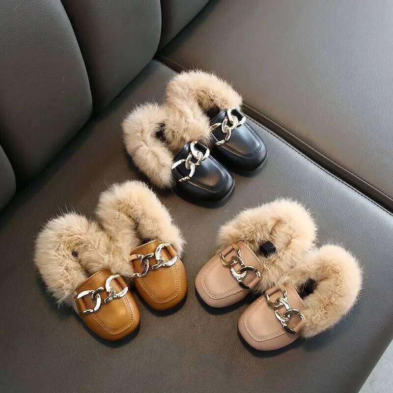 Kids Fur Children Velvet Baby Girls Warm Flats Toddler Black Brand Shoes Princess Loafer Chain Moccasin For Winter Y260128