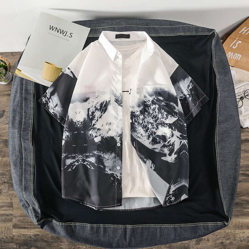 Wukong In Stock Trendy Brand Retro Ink Painting Full Print Short Men Summer Loose Couple Casual Half Sleeve Shirt Luanyun Luanyun