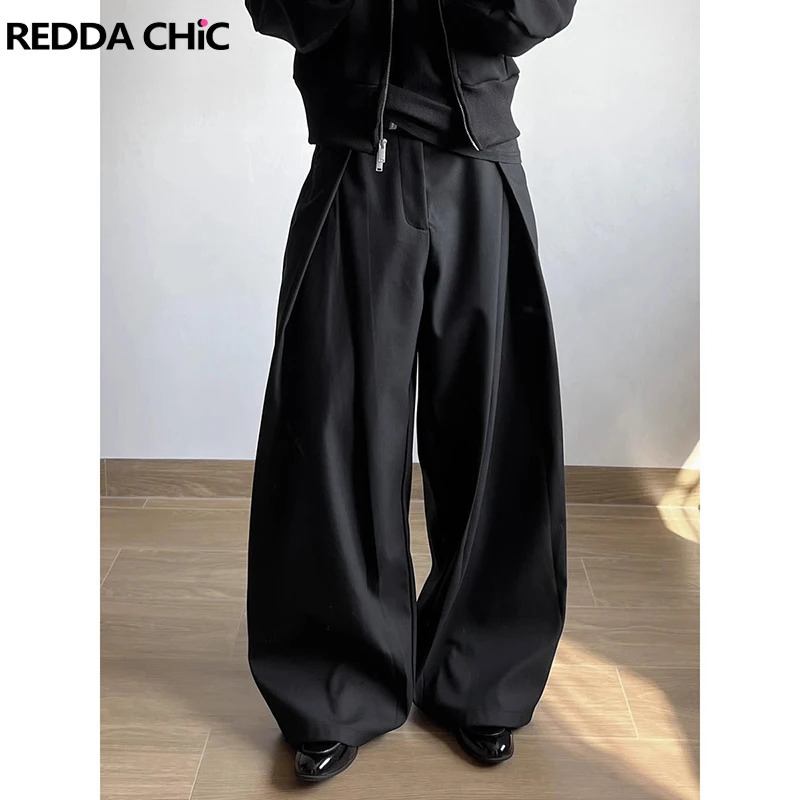 ReddaChic Office Work Black Dress Pants Casual Plain Cleanfit Pleated Wide Leg Low Waist Suit Trousers Minimalist Men Clothes 260120