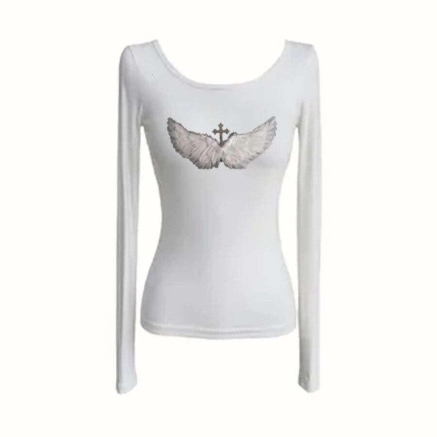 Autumn Winter New Slim Fit Base Shirt For Women With Unique Design And Wing Print Long Sleeve Pullover Top