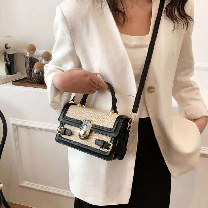 Fashion Colorblocking Design Women's Hundred Handbag Small Square Shoulder Bag Retro Leisure Crossbody PU Material