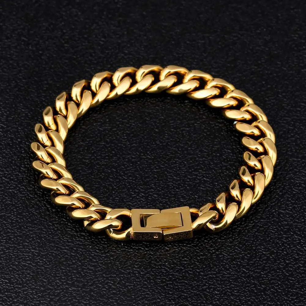 6-16mm Gold Color 316L Stainless Steel Curb Cuban Link Chain Bracelet Bangle Jewelry 7-9inch for Men Women 260126