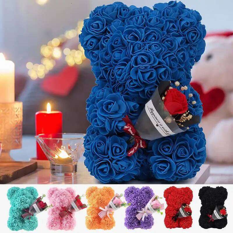 9.45in Cute Artificial Forever Flower Rose With Clear Box Handmade Romantic Decorative Valentines Day Bear Gift Y260131