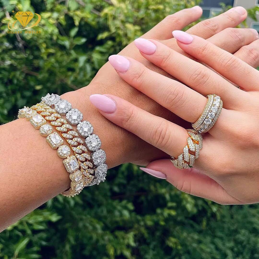 Fashion Jewelry Fine Iced Out 10mm Cluster Tennis Chain 925 Sterling Silver Vvs Moissanite Tennis Chain Bracelet Men