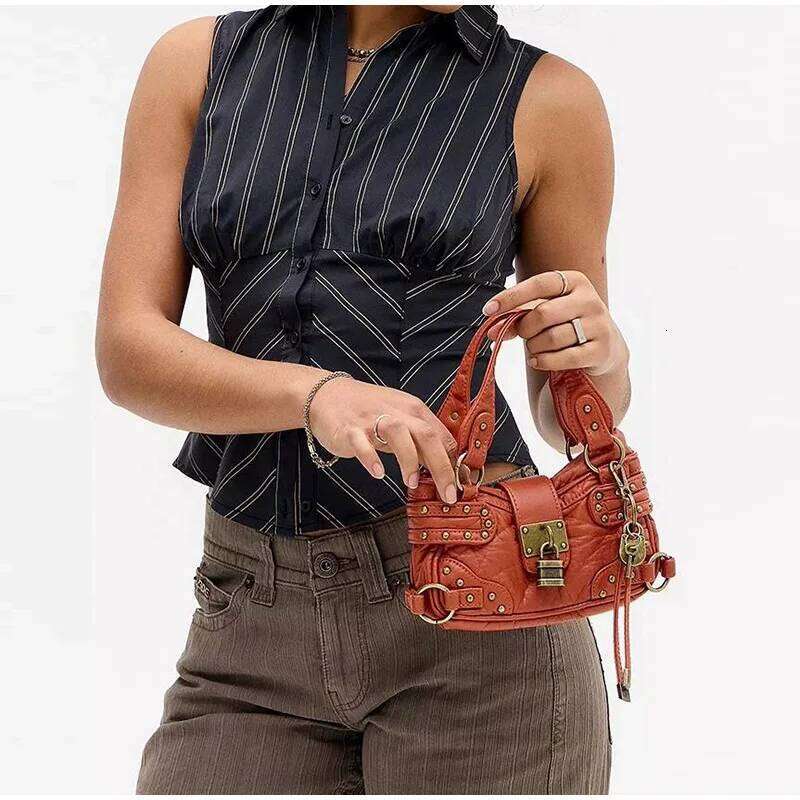 Retro Rivet Black Crossbody Fashion Street Cool Motorcycle Trend Lock Design Small Tote Handbag High Quality Women's Bag H260131
